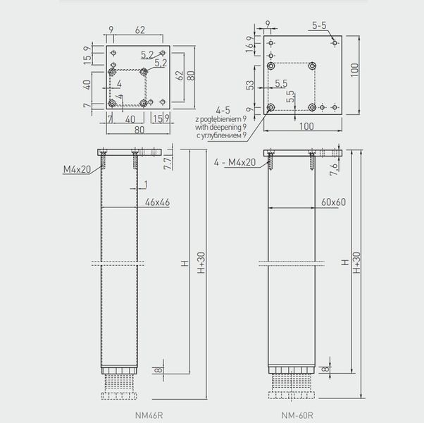 Опора для столу регульована квадратна 60х60мм h-710mm чорна GTV NM-60R710-20 фото