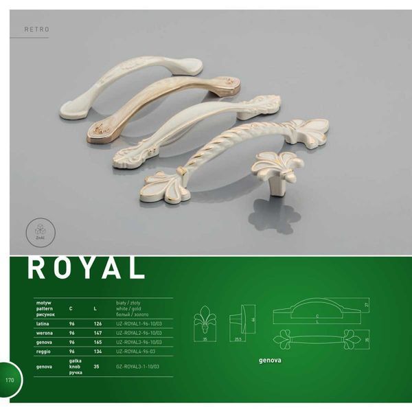 Ручка мебельная белая с золотым рисунком ROYAL2 (werona) 96мм UZ-ROYAL2-96-10-03 фото
